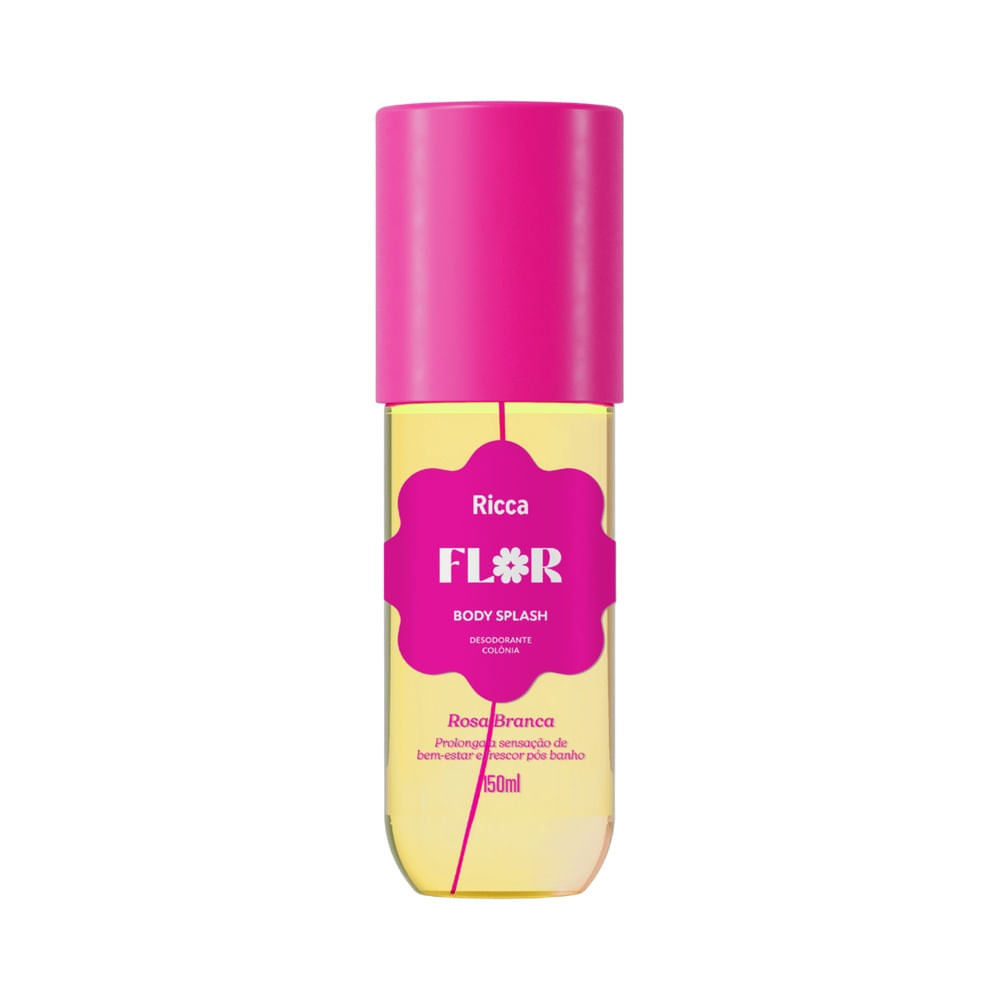 Frasco de Body Splash Ricca Flor Rosa Branca 150ml com tampa rosa brilhante